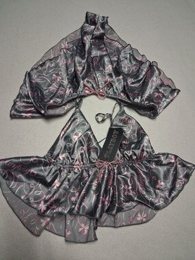 PLAYBOY Gray Satin Halter Crop Set with Pink Script
